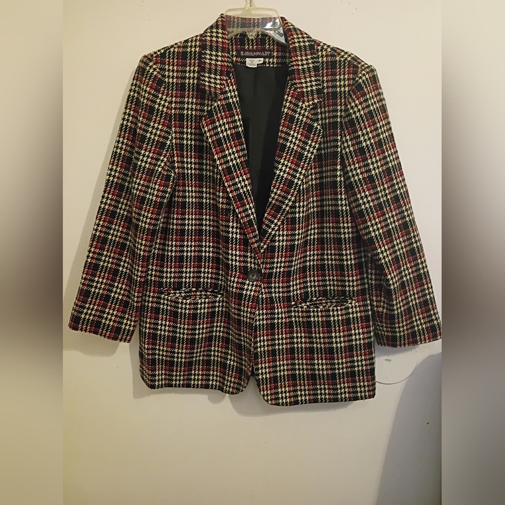 VTG Savannah Women's Houndstooth  Blazer - Red, Black, and Cream 70 % Wool S 12P